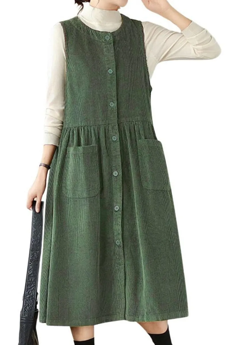 Chouyatou Women's Corduroy Button Down Babydoll Tank Dress Crewneck Over Knee Long Overall Dress with Pockets
