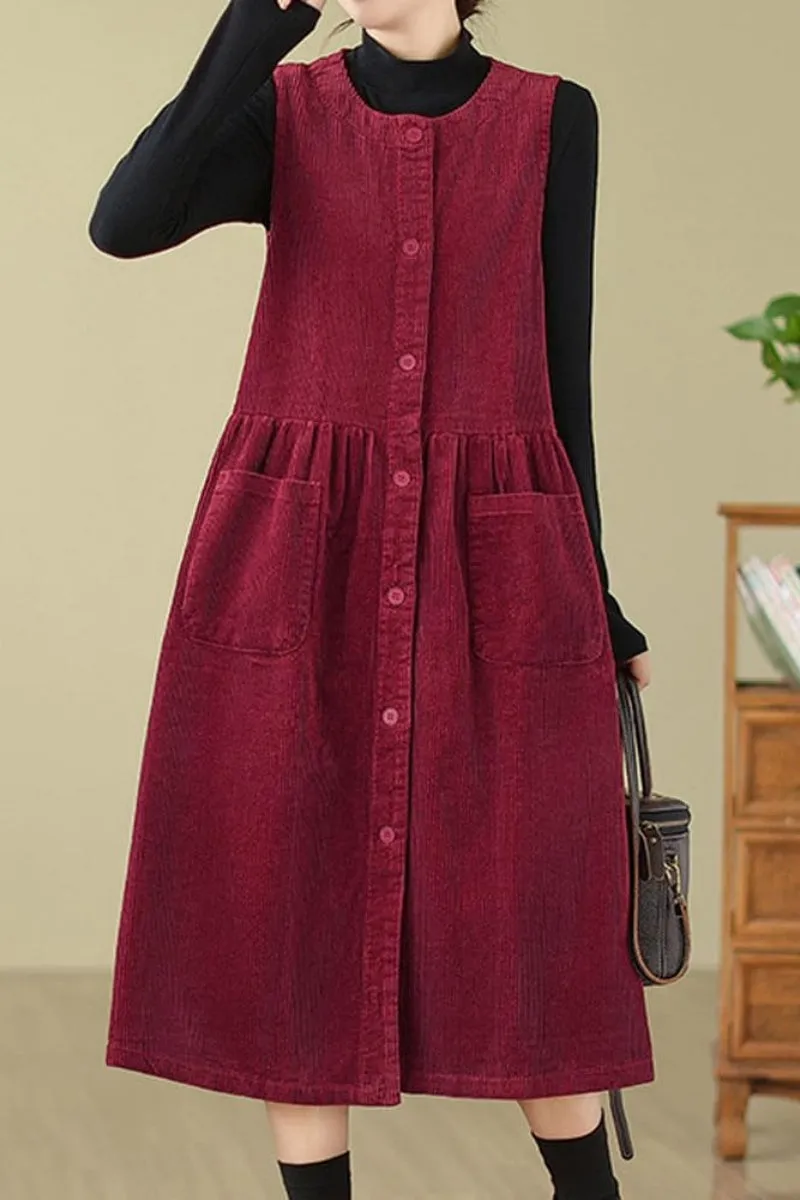 Chouyatou Women's Corduroy Button Down Babydoll Tank Dress Crewneck Over Knee Long Overall Dress with Pockets