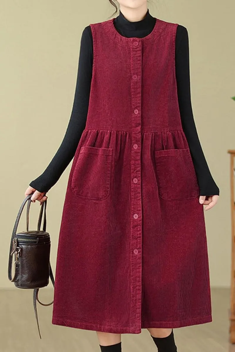 Chouyatou Women's Corduroy Button Down Babydoll Tank Dress Crewneck Over Knee Long Overall Dress with Pockets