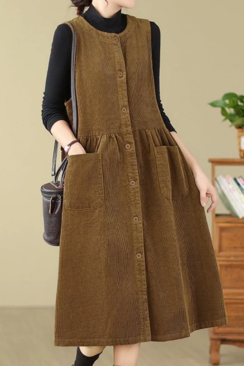 Chouyatou Women's Corduroy Button Down Babydoll Tank Dress Crewneck Over Knee Long Overall Dress with Pockets