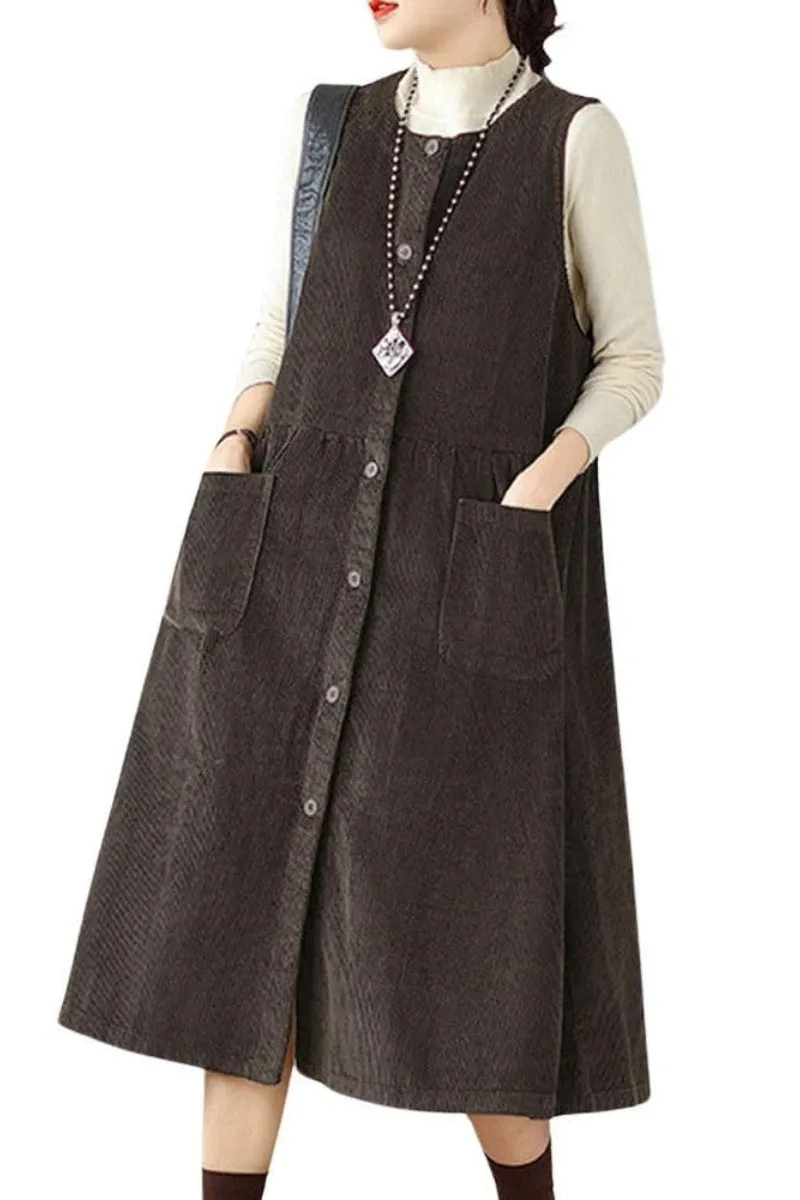 Chouyatou Women's Corduroy Button Down Babydoll Tank Dress Crewneck Over Knee Long Overall Dress with Pockets