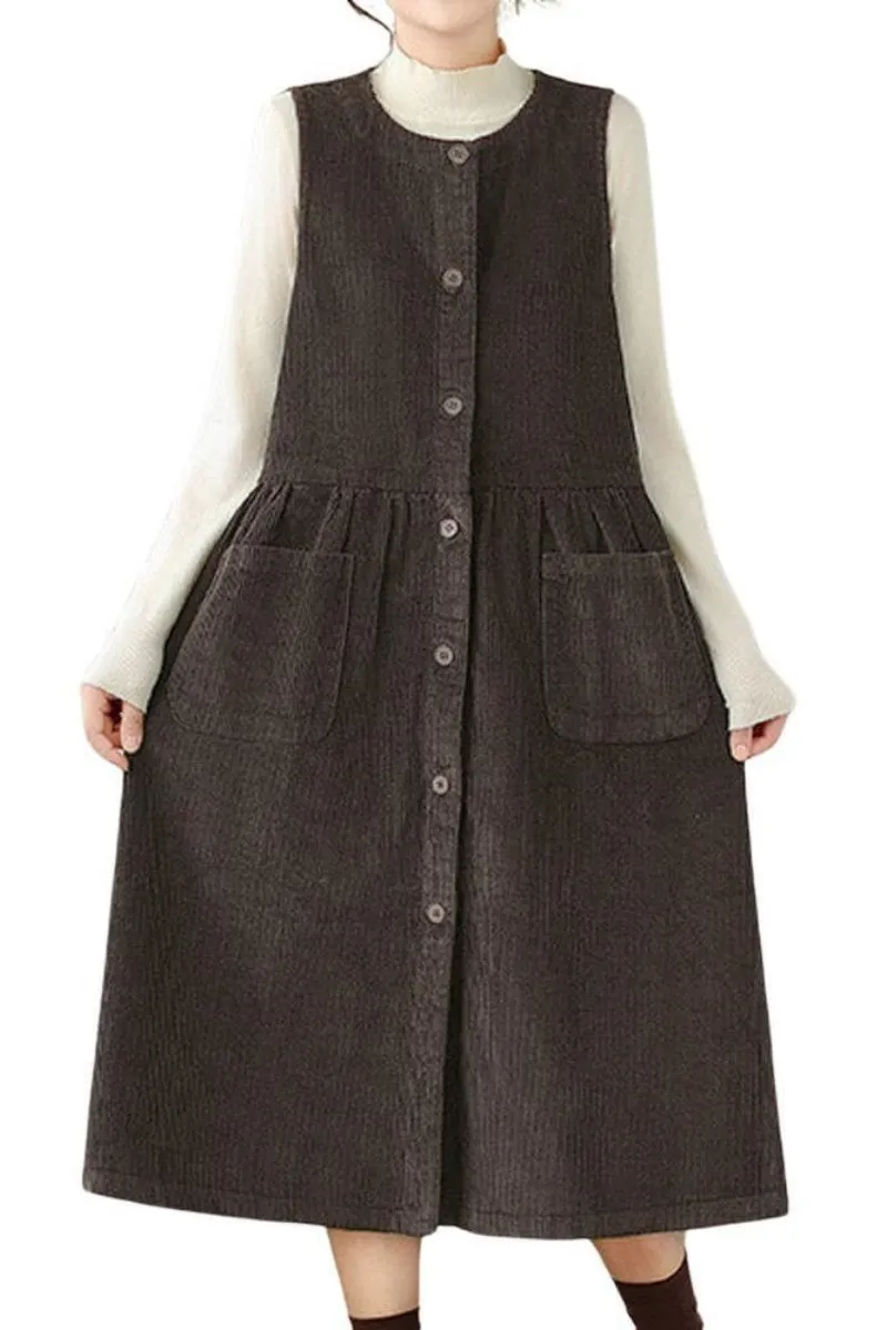 Chouyatou Women's Corduroy Button Down Babydoll Tank Dress Crewneck Over Knee Long Overall Dress with Pockets