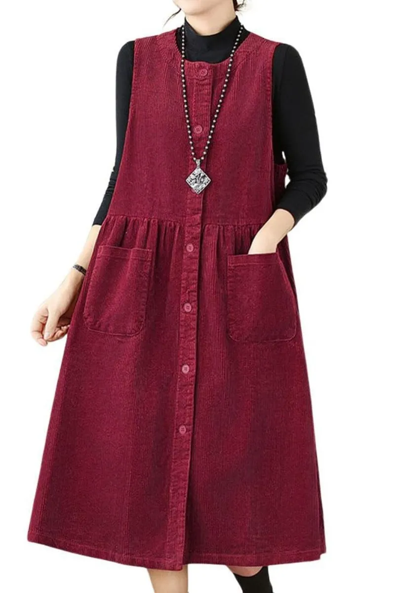 Chouyatou Women's Corduroy Button Down Babydoll Tank Dress Crewneck Over Knee Long Overall Dress with Pockets