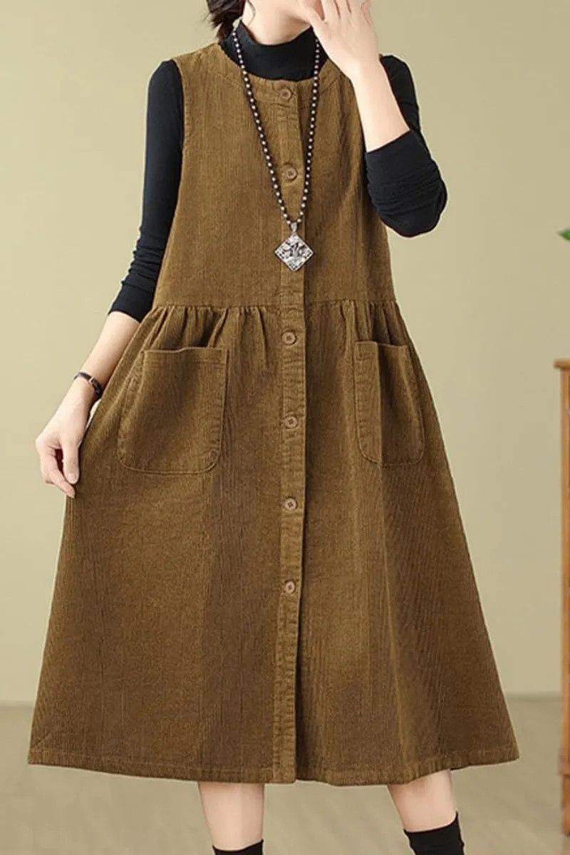 Chouyatou Women's Corduroy Button Down Babydoll Tank Dress Crewneck Over Knee Long Overall Dress with Pockets