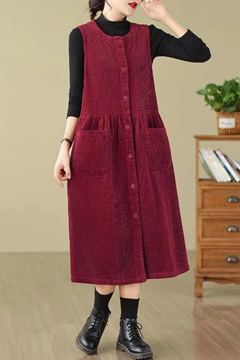 Chouyatou Women's Corduroy Button Down Babydoll Tank Dress Crewneck Over Knee Long Overall Dress with Pockets
