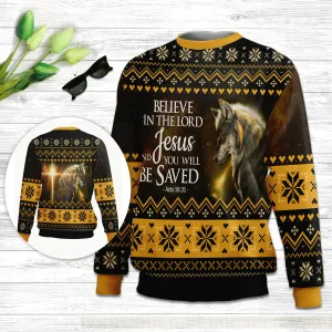 Christianartbag 3D Sweater, Believe In The Lord Jesus Wolf & Cross, Unisex Sweater, Christmas Gift.