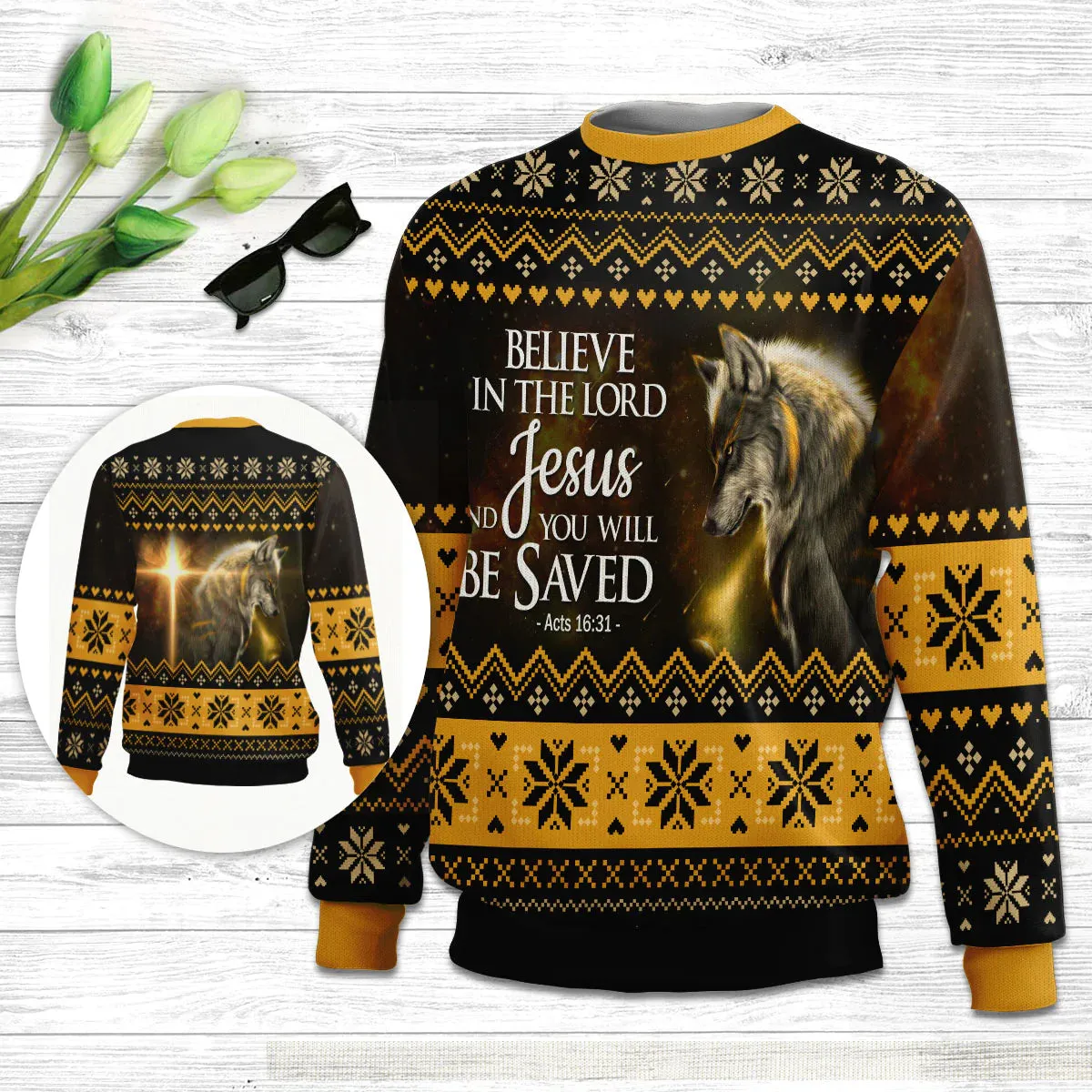 Christianartbag 3D Sweater, Believe In The Lord Jesus Wolf & Cross, Unisex Sweater, Christmas Gift.
