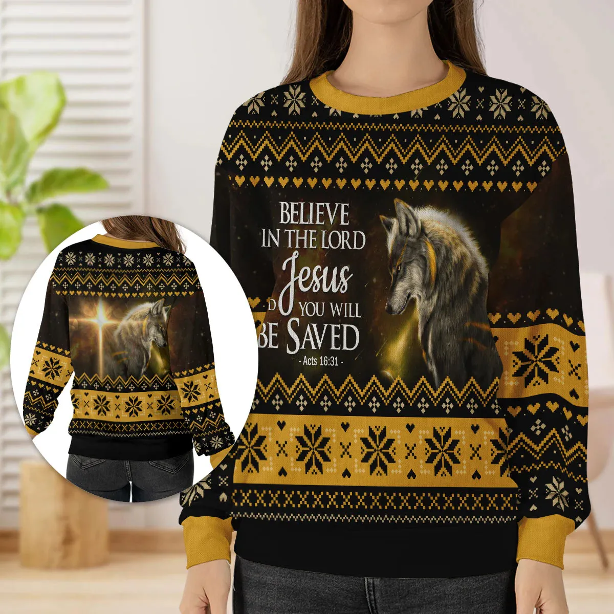 Christianartbag 3D Sweater, Believe In The Lord Jesus Wolf & Cross, Unisex Sweater, Christmas Gift.