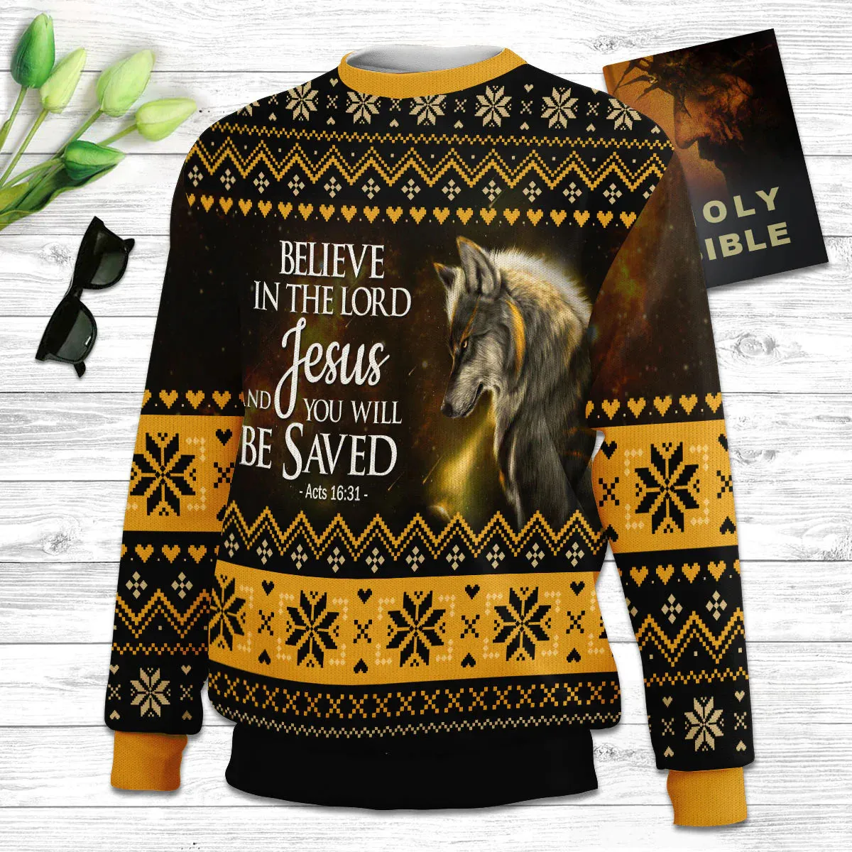 Christianartbag 3D Sweater, Believe In The Lord Jesus Wolf & Cross, Unisex Sweater, Christmas Gift.