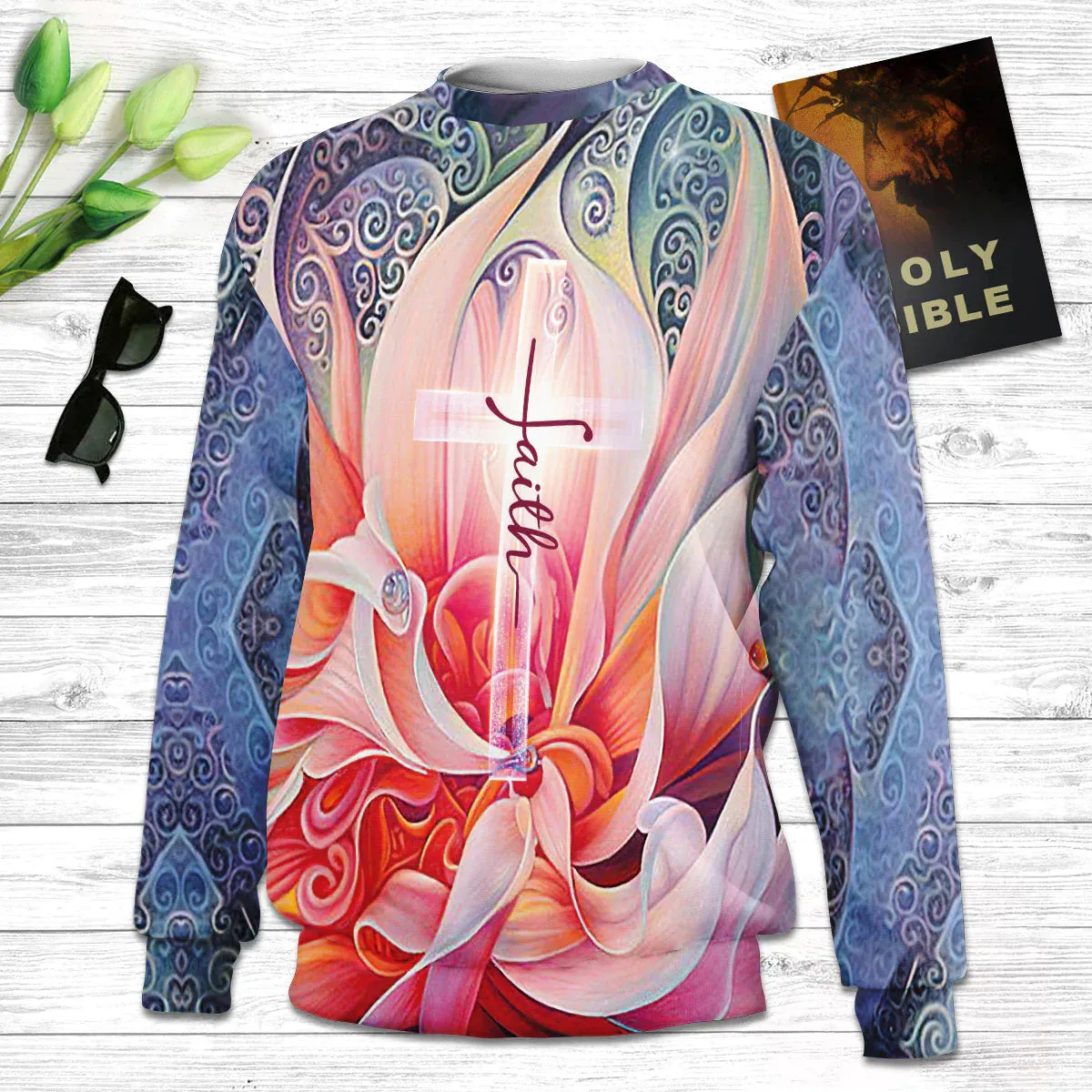 Christianartbag 3D Sweater, Faith Flower And Cross, Unisex Sweater, Christmas Gift.