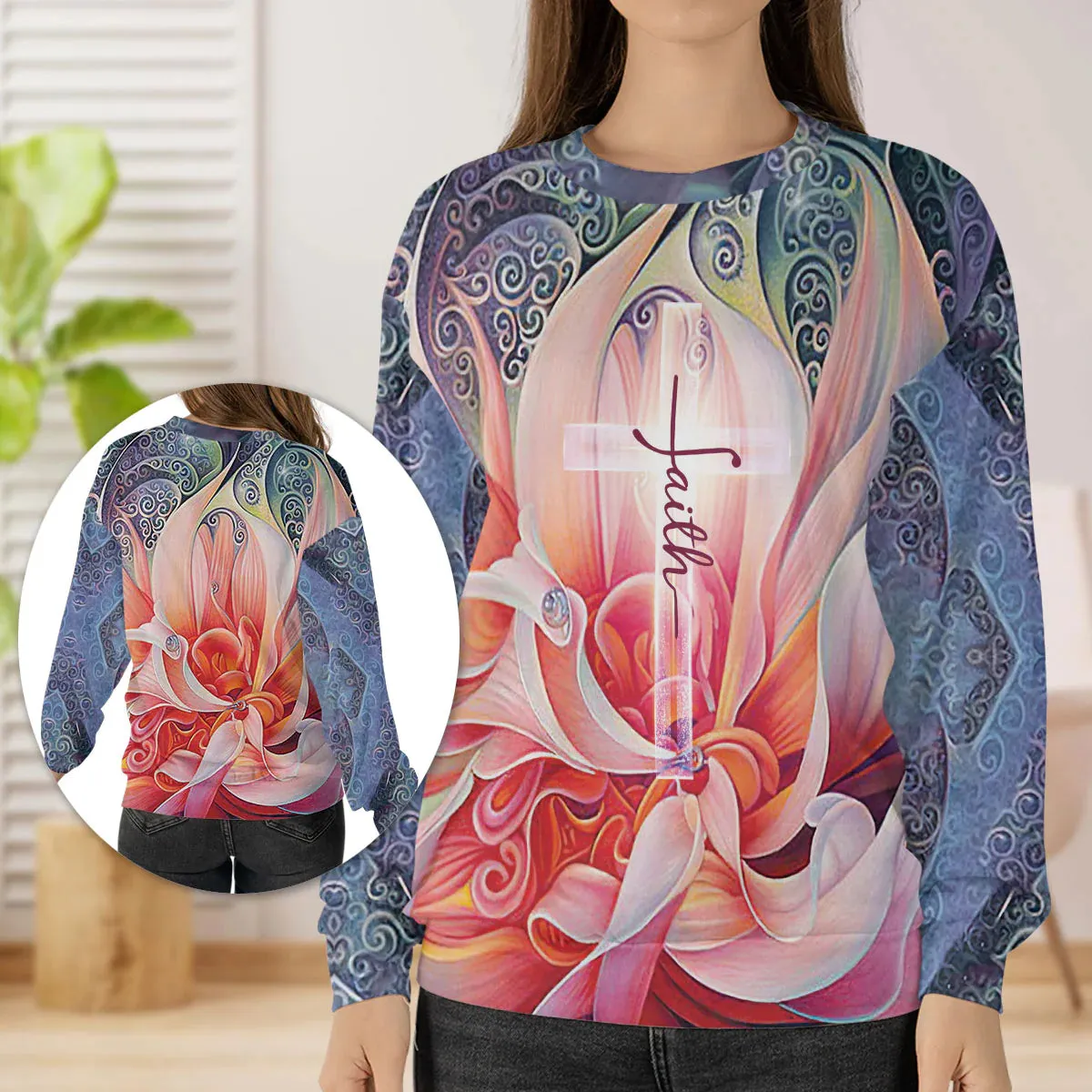 Christianartbag 3D Sweater, Faith Flower And Cross, Unisex Sweater, Christmas Gift.