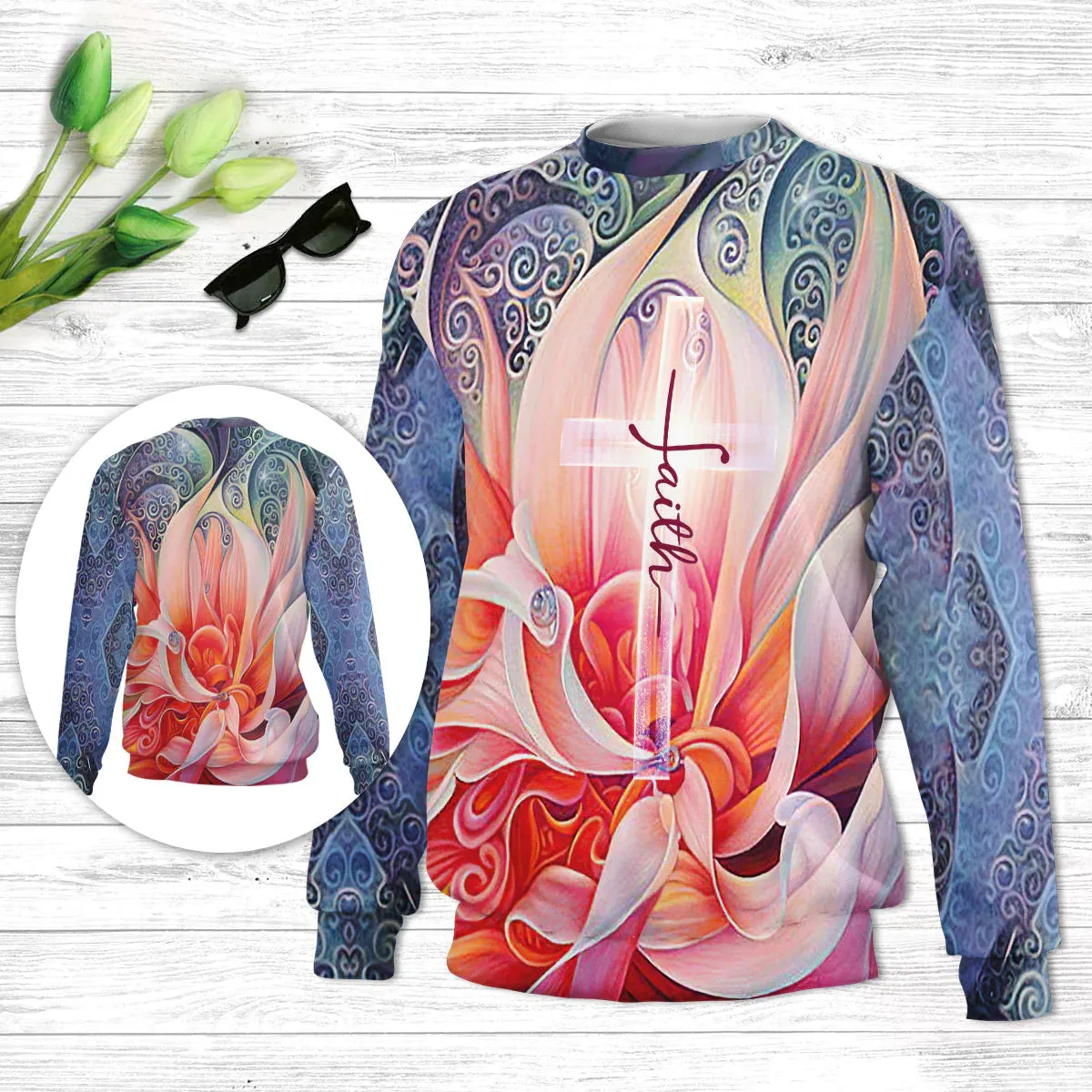 Christianartbag 3D Sweater, Faith Flower And Cross, Unisex Sweater, Christmas Gift.