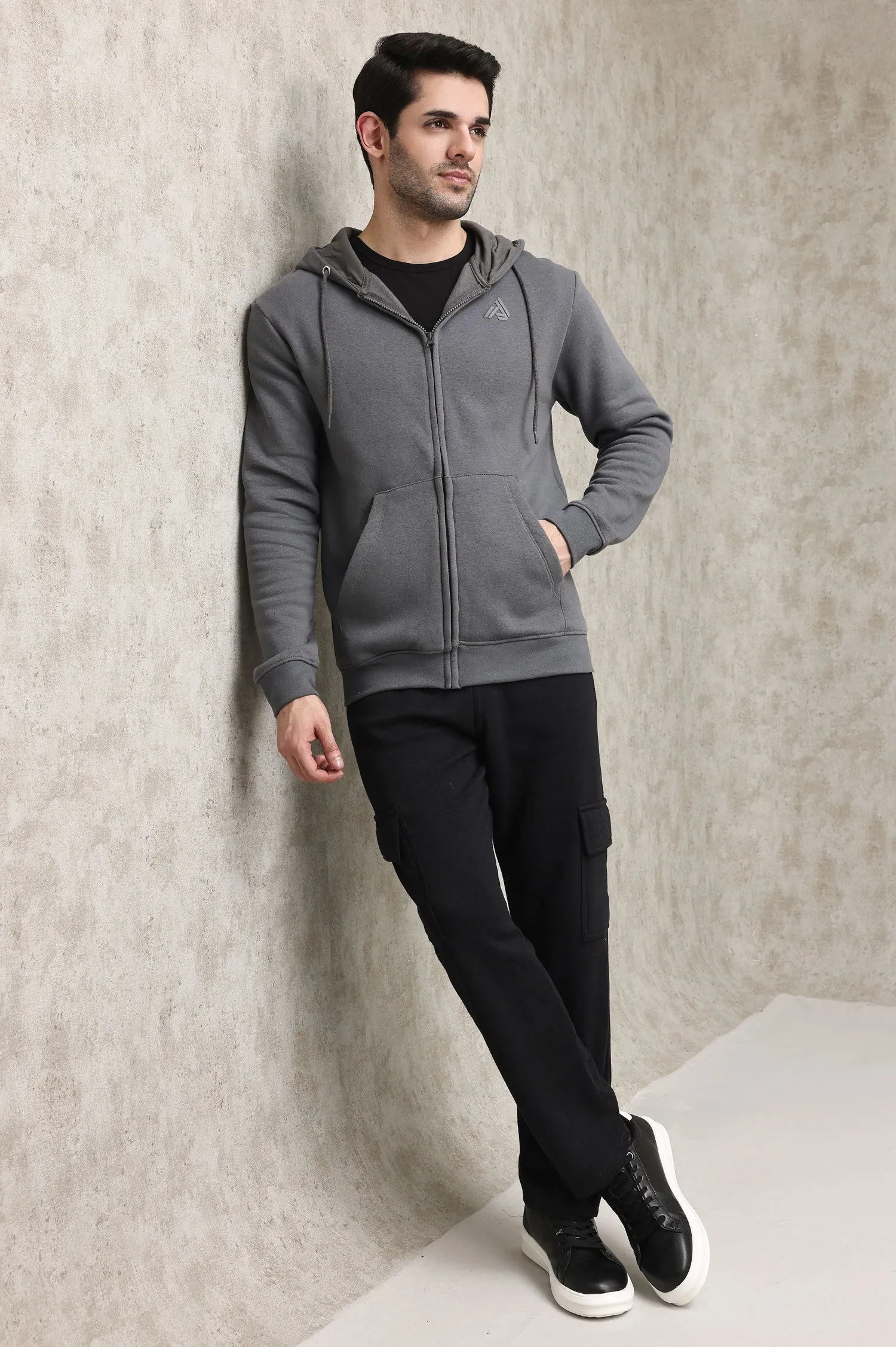 CLASSIC FLEECE-LINED ZIP-UP HOODIE-DK-GREY
