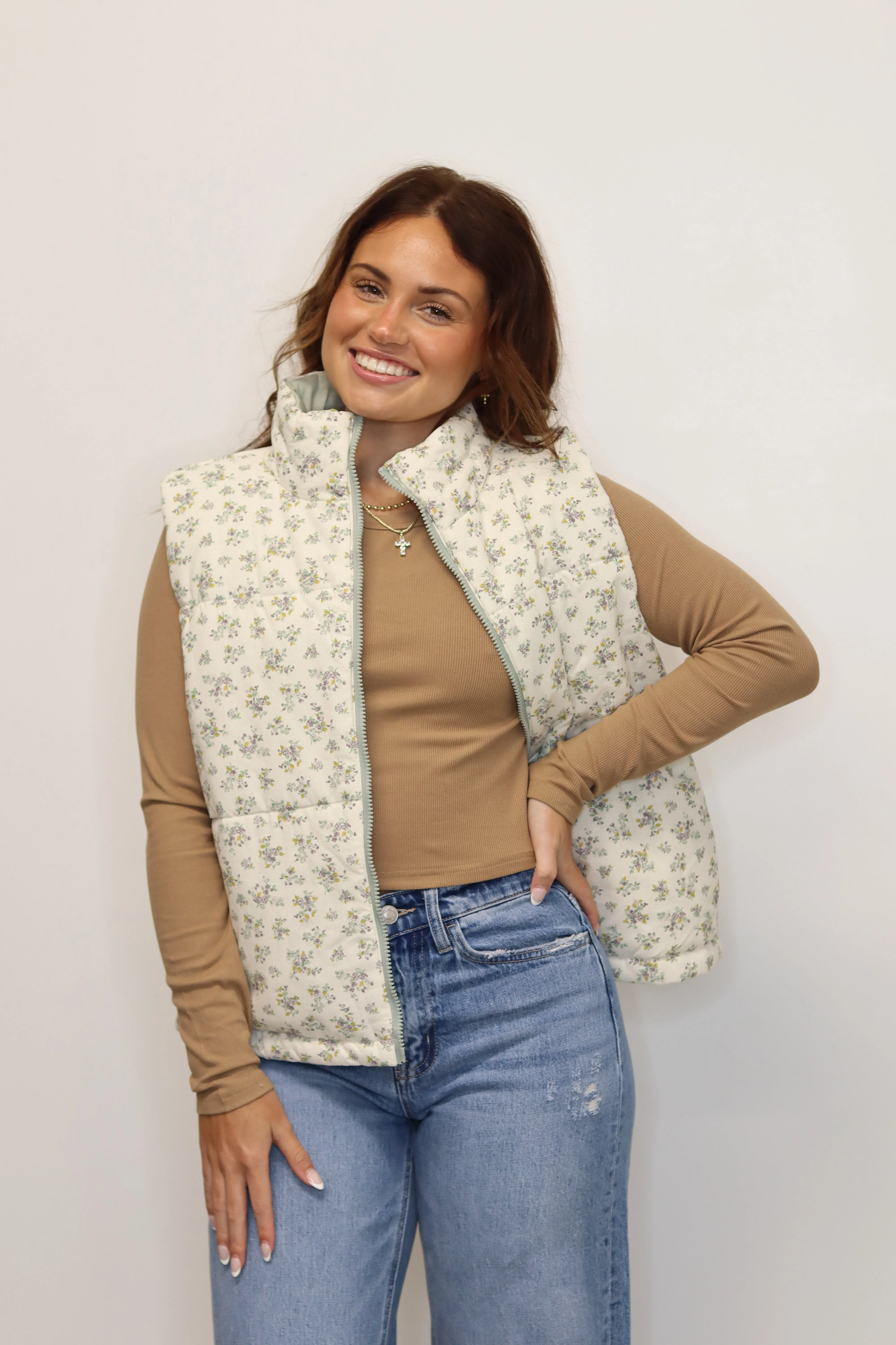 Cold Front Floral Puffer Vest (Reversible)