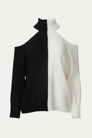 COLD-SHOULDER TWO-TONE TURTLENECK SWEATER