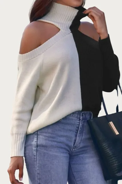 COLD-SHOULDER TWO-TONE TURTLENECK SWEATER