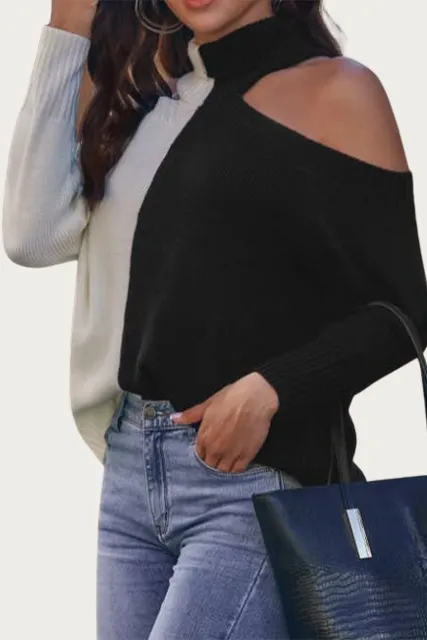 COLD-SHOULDER TWO-TONE TURTLENECK SWEATER