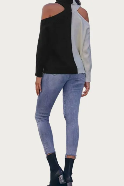 COLD-SHOULDER TWO-TONE TURTLENECK SWEATER