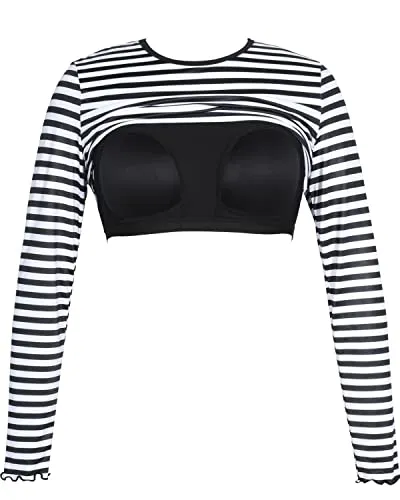 Crop Top Long Sleeve Rash Guard For Women-Black And White Stripe