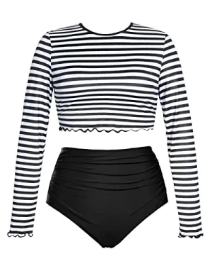 Crop Top Long Sleeve Rash Guard For Women-Black And White Stripe