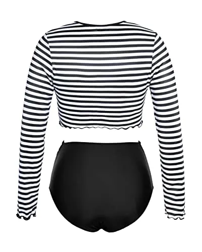 Crop Top Long Sleeve Rash Guard For Women-Black And White Stripe