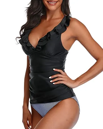 Deep V Neck Ruffle Tankini Swimsuits For Women-Black Stripe
