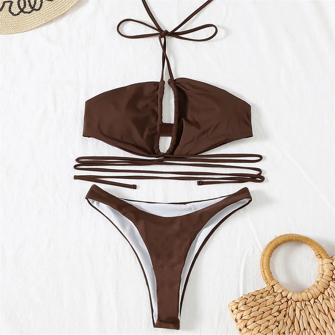 Drawstring Bandage Bikini Set - Low Waist