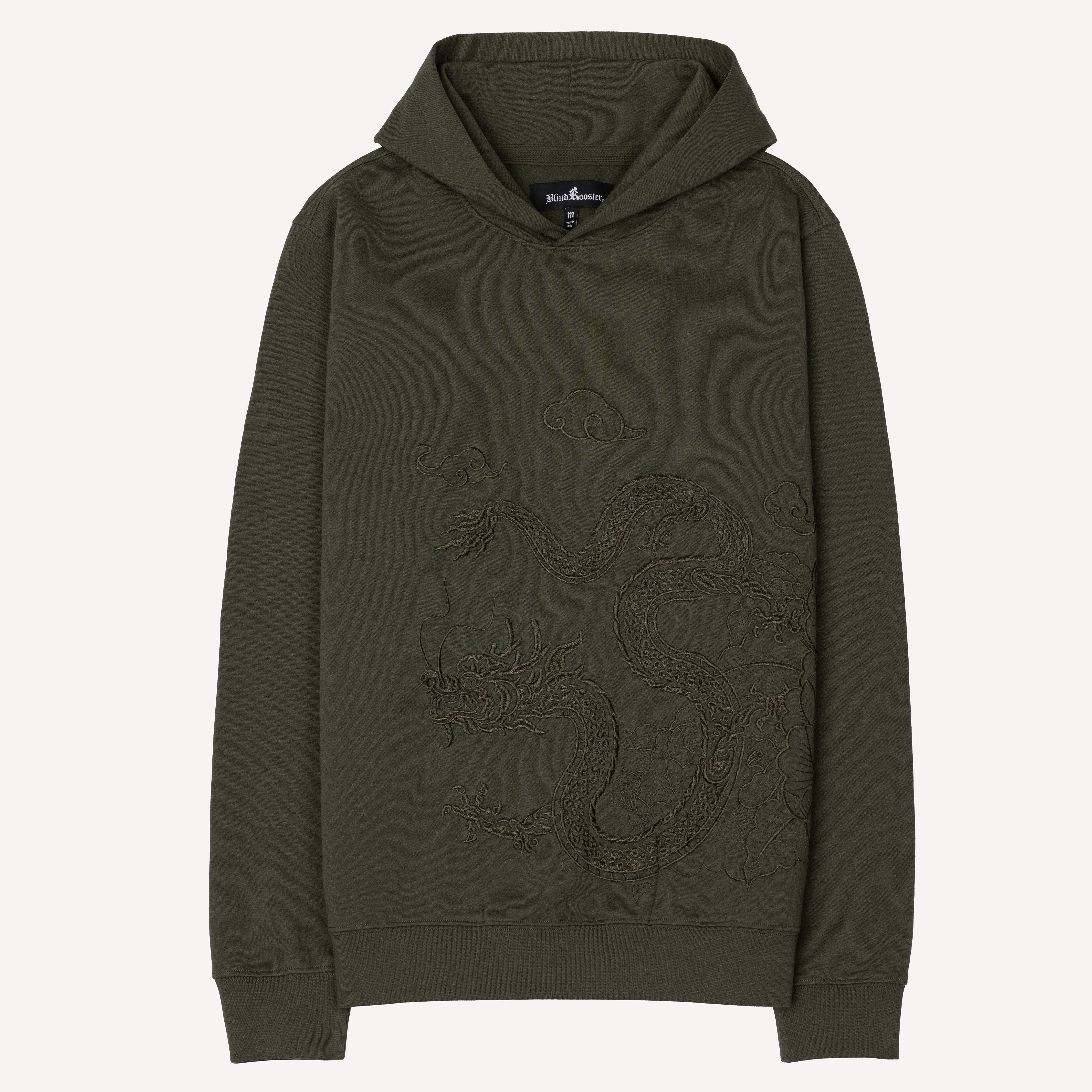 Embroidered Front Hoodie  - Olive / Dragon Flower