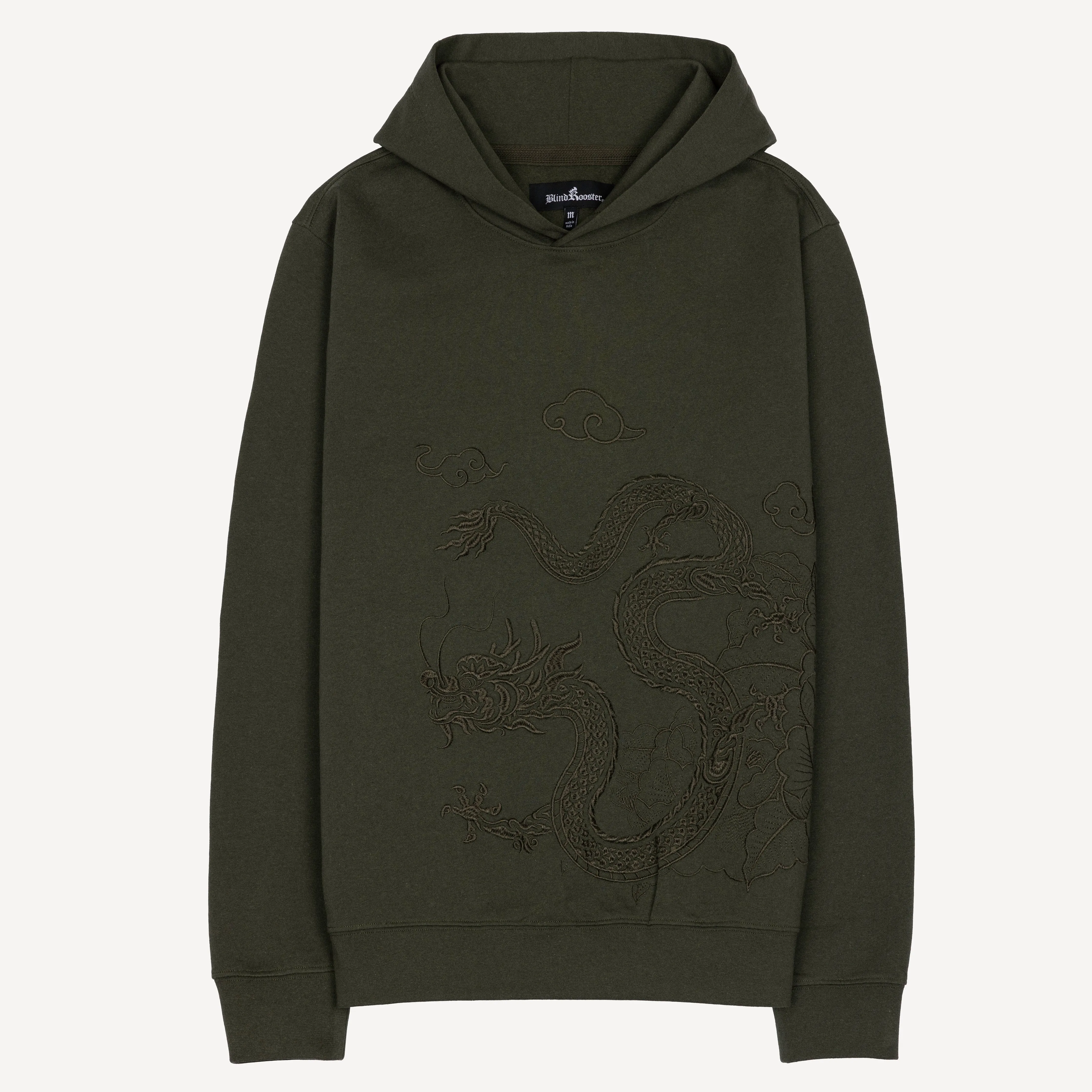 Embroidered Front Hoodie  - Olive / Dragon Flower