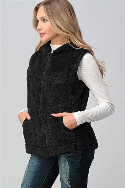 Faux Fur Teddy Bear Zip Up Hoodie Vest Black - Pack of 6