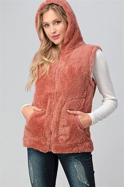 Faux Fur Teddy Bear Zip Up Hoodie Vest Mauve - Pack of 6