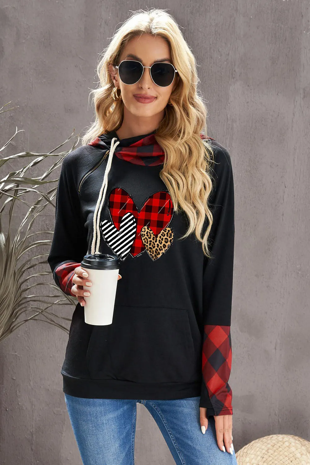 Fiery Red Graphic Hearts Print Plaid Patchwork Pocket Pullover Hoodie