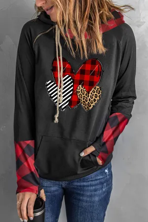Fiery Red Graphic Hearts Print Plaid Patchwork Pocket Pullover Hoodie