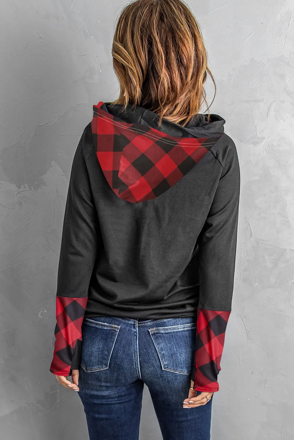Fiery Red Graphic Hearts Print Plaid Patchwork Pocket Pullover Hoodie