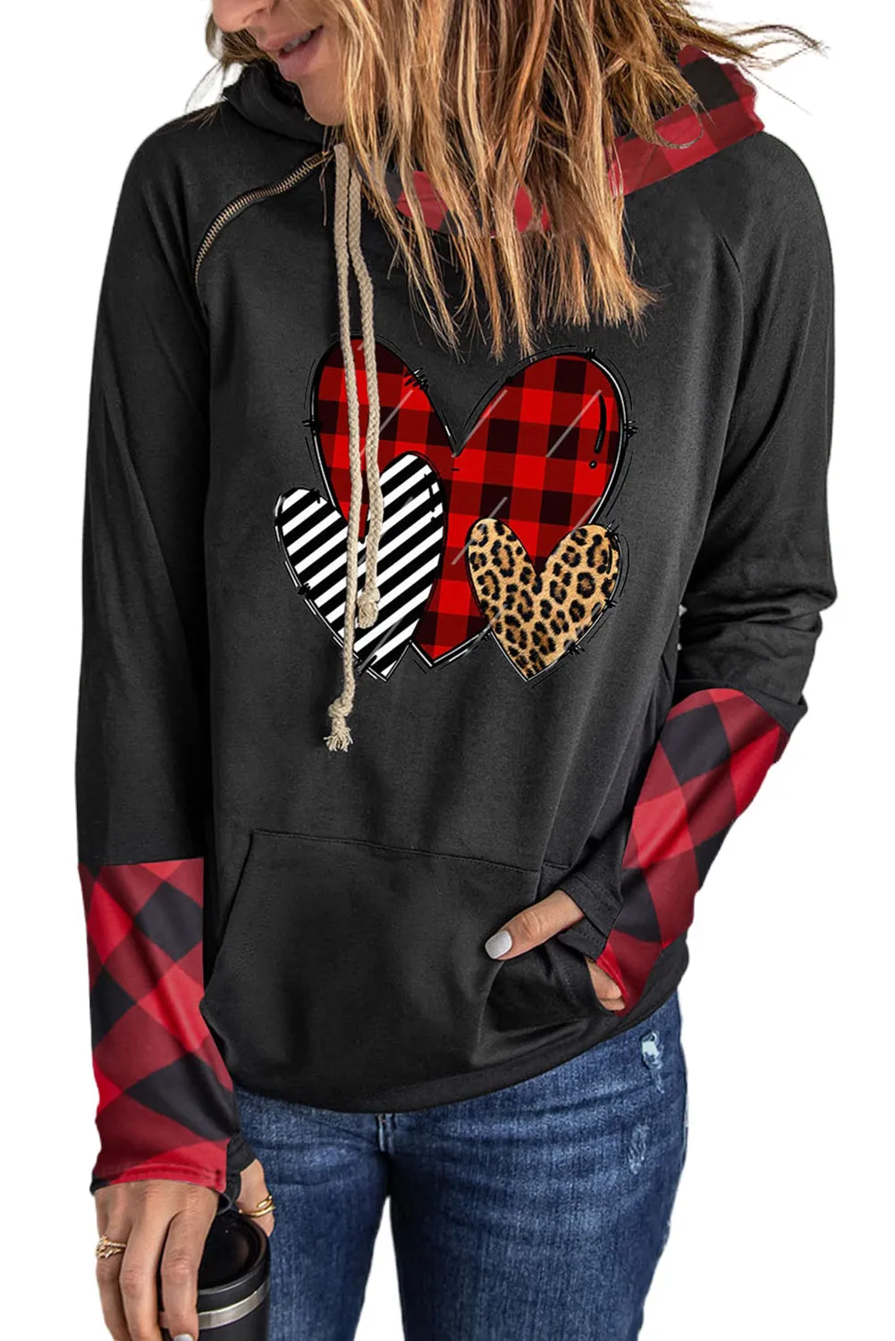 Fiery Red Graphic Hearts Print Plaid Patchwork Pocket Pullover Hoodie