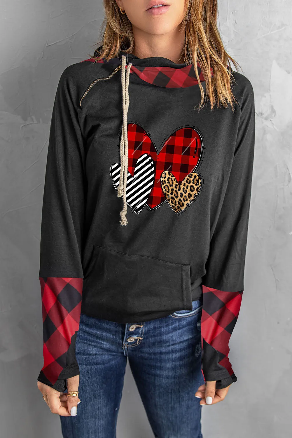Fiery Red Graphic Hearts Print Plaid Patchwork Pocket Pullover Hoodie
