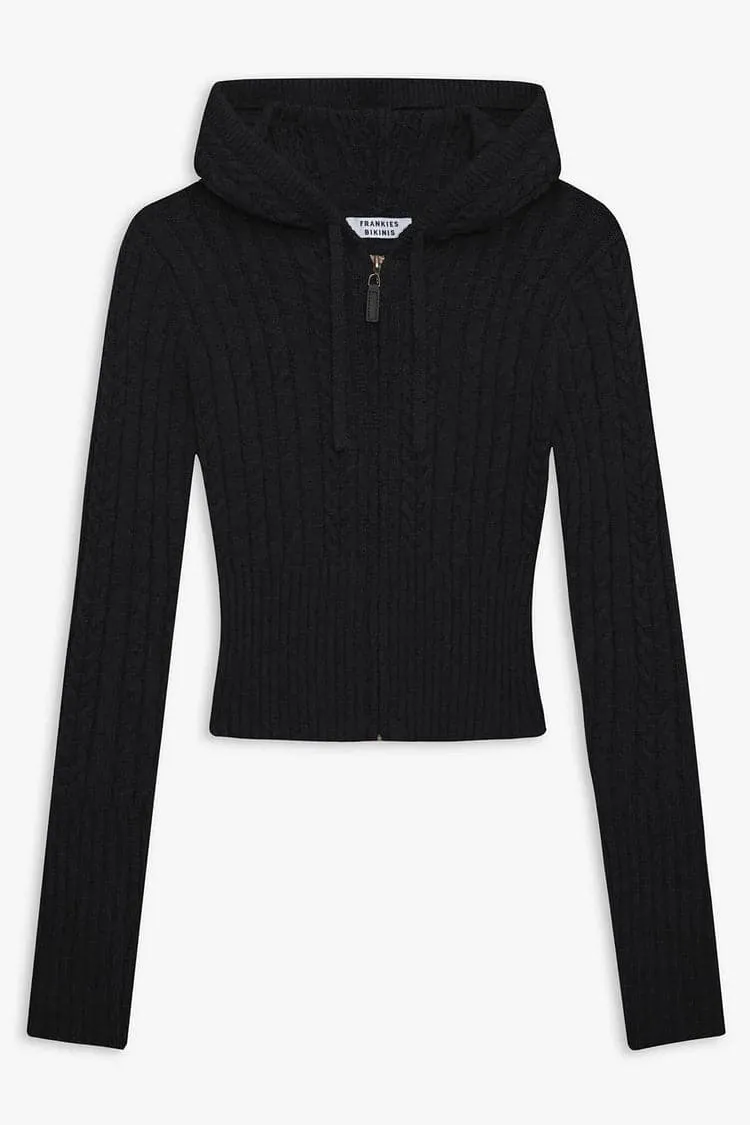 Frankies Bikinis Aimee Cable Cloud Knit Hoodie in Black as seen on Sydney Sweeney   Hailey Bieber