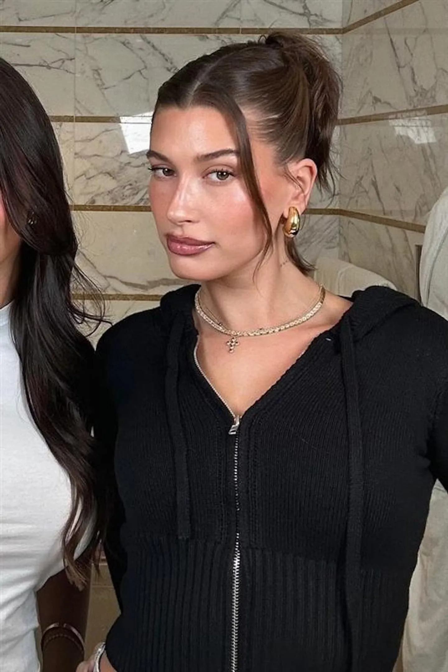Frankies Bikinis Aimee Cable Cloud Knit Hoodie in Black as seen on Sydney Sweeney   Hailey Bieber