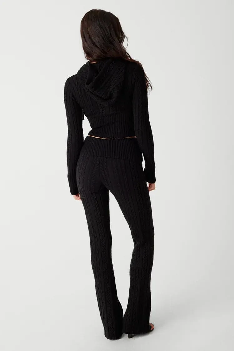 Frankies Bikinis Aimee Cable Cloud Knit Hoodie in Black as seen on Sydney Sweeney   Hailey Bieber