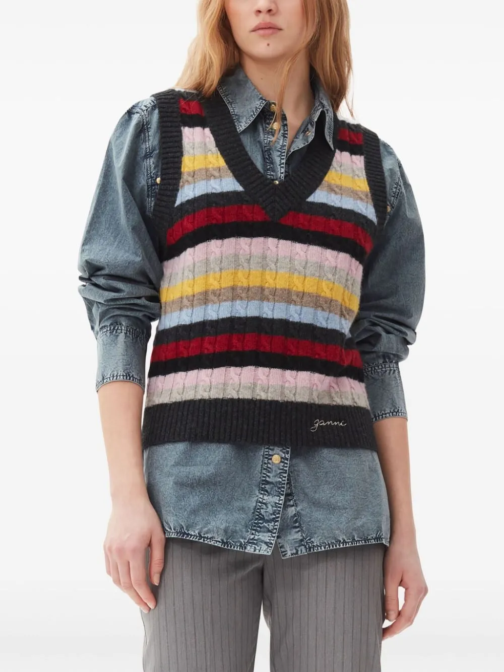 Ganni Logo Wool Mix Vest in Multicolour