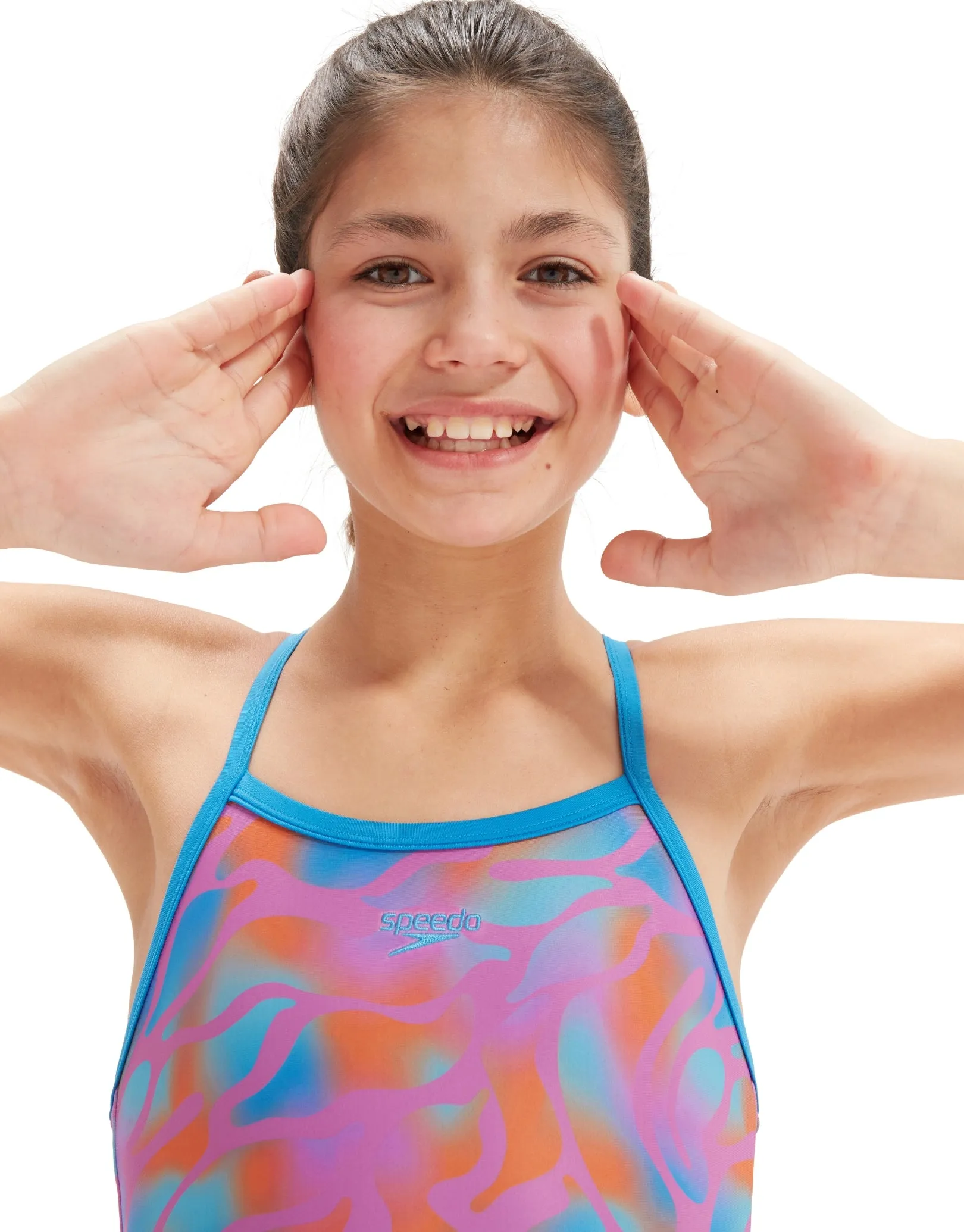 Girls Allover Thinstrap Muscleback Swimsuit - Purple/Orange