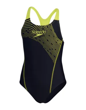 Girls Medley Logo Medalist Swimsuit - Navy/Yellow