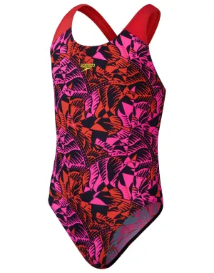 Girls Placement Allover Splashback Swimsuit- Black/Pink