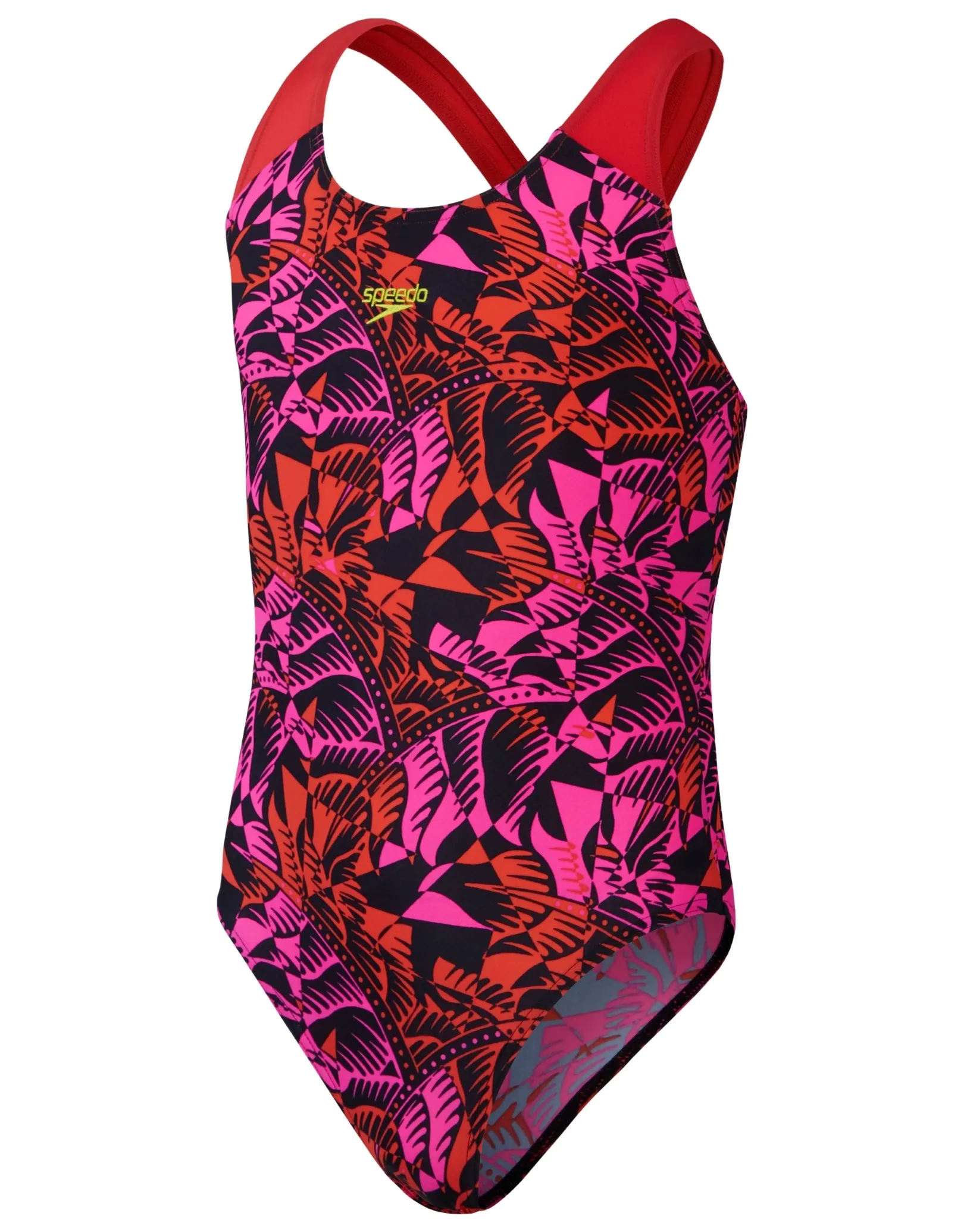 Girls Placement Allover Splashback Swimsuit- Black/Pink