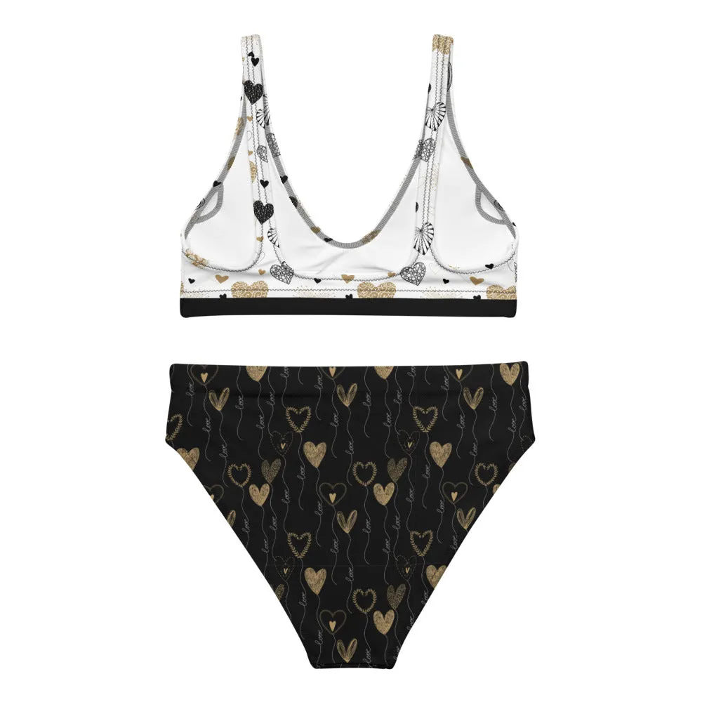 Gold Hearts on Black and White - Recycled High-Waisted Bikini
