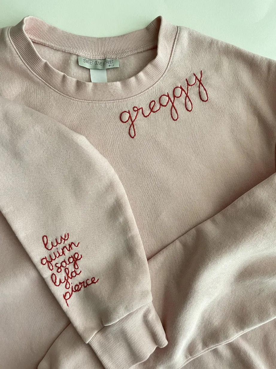 Grandma with Grand Kids Name On Sleeve - Hand Embroidered Custom Sweatshirt Adults