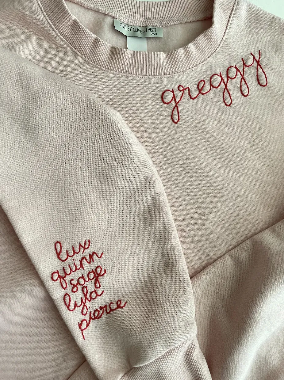 Grandma with Grand Kids Name On Sleeve - Hand Embroidered Custom Sweatshirt Adults