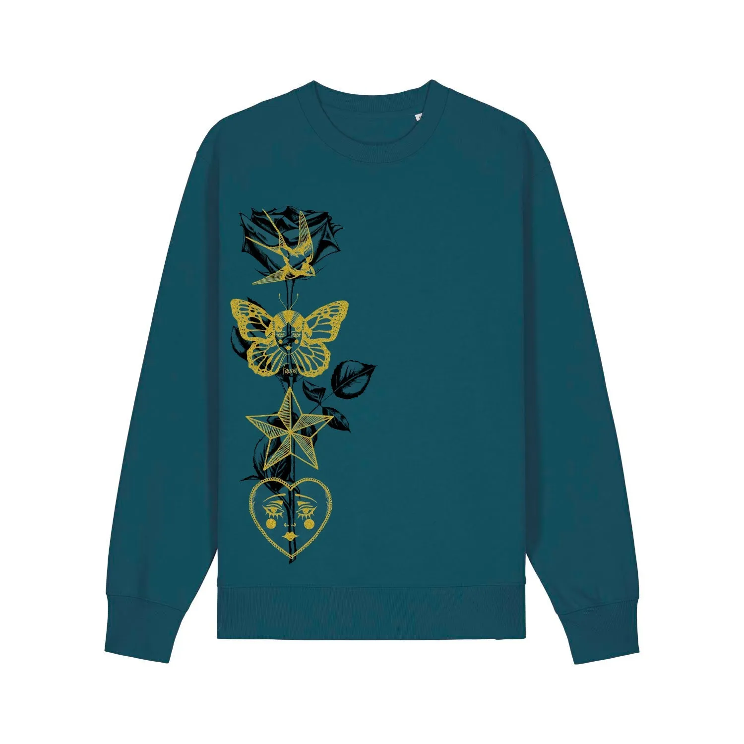 Graphic Sweatshirt | Gold & Black Tattoo Motif on Stargazer Blue