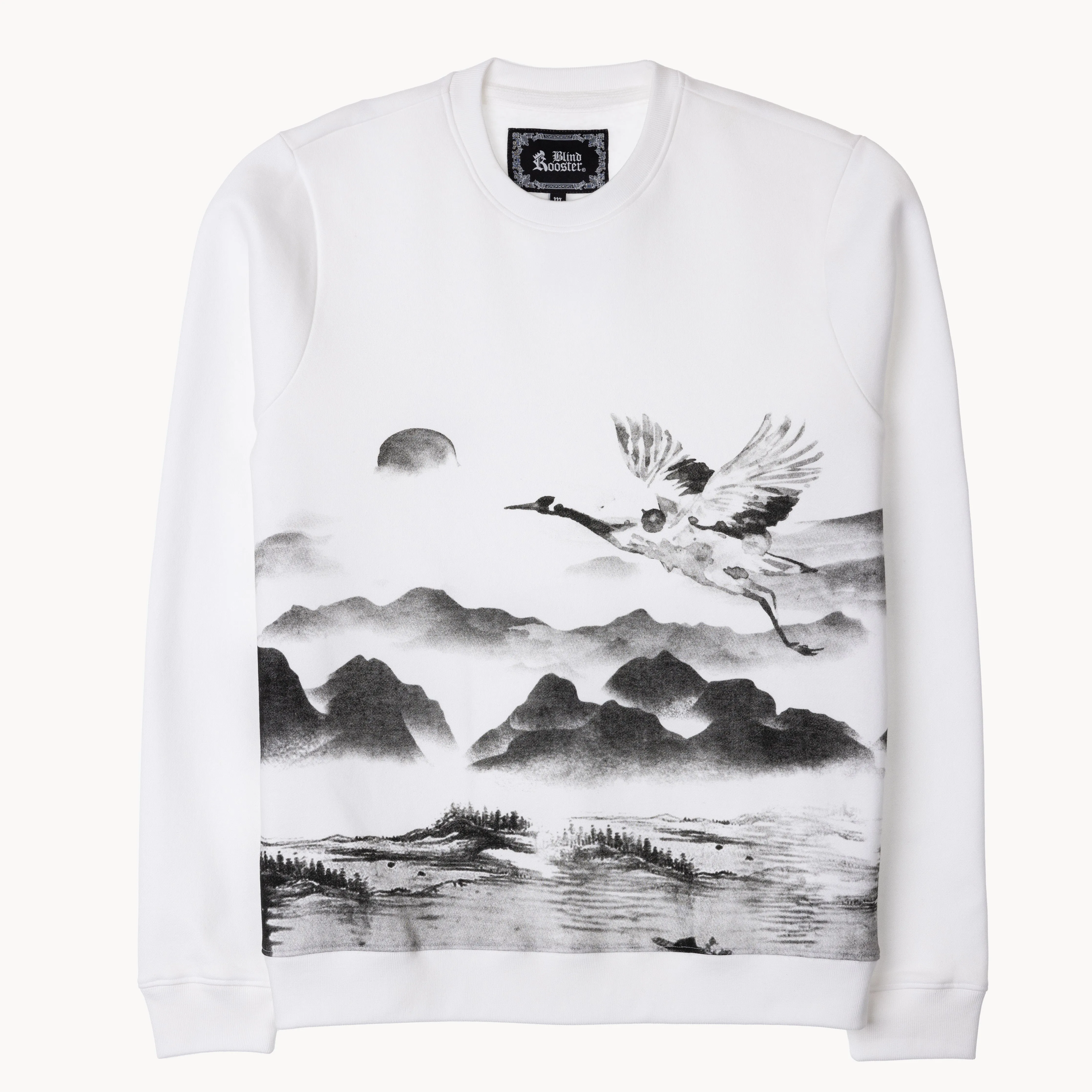 Graphic Wraparound Crewneck Pullover Sweatshirt - White / Kanji Good Luck