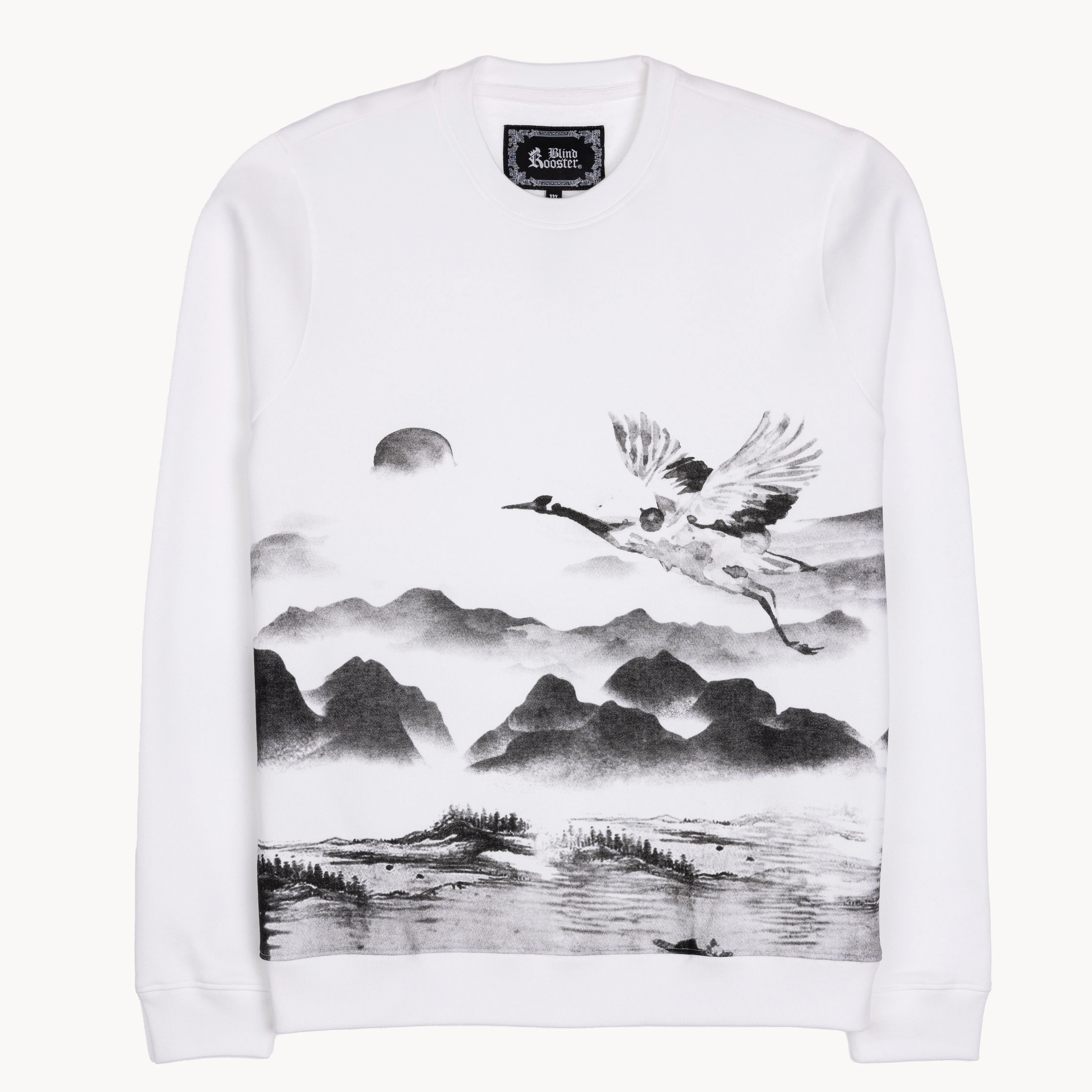 Graphic Wraparound Crewneck Pullover Sweatshirt - White / Kanji Good Luck